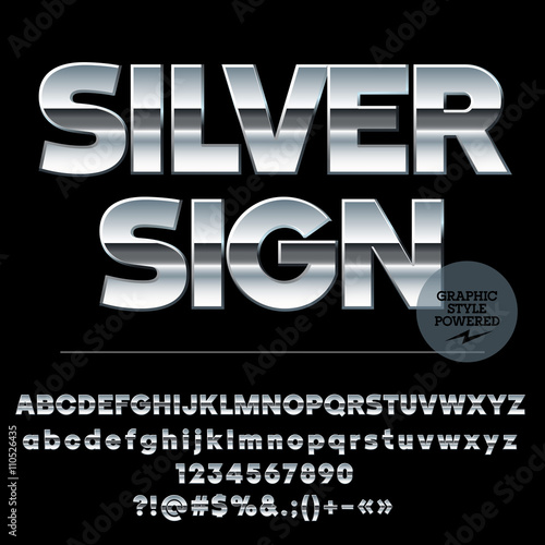 Vector set of modern silver alphabet letters, numbers and punctuation symbols. Sans ultra bold style