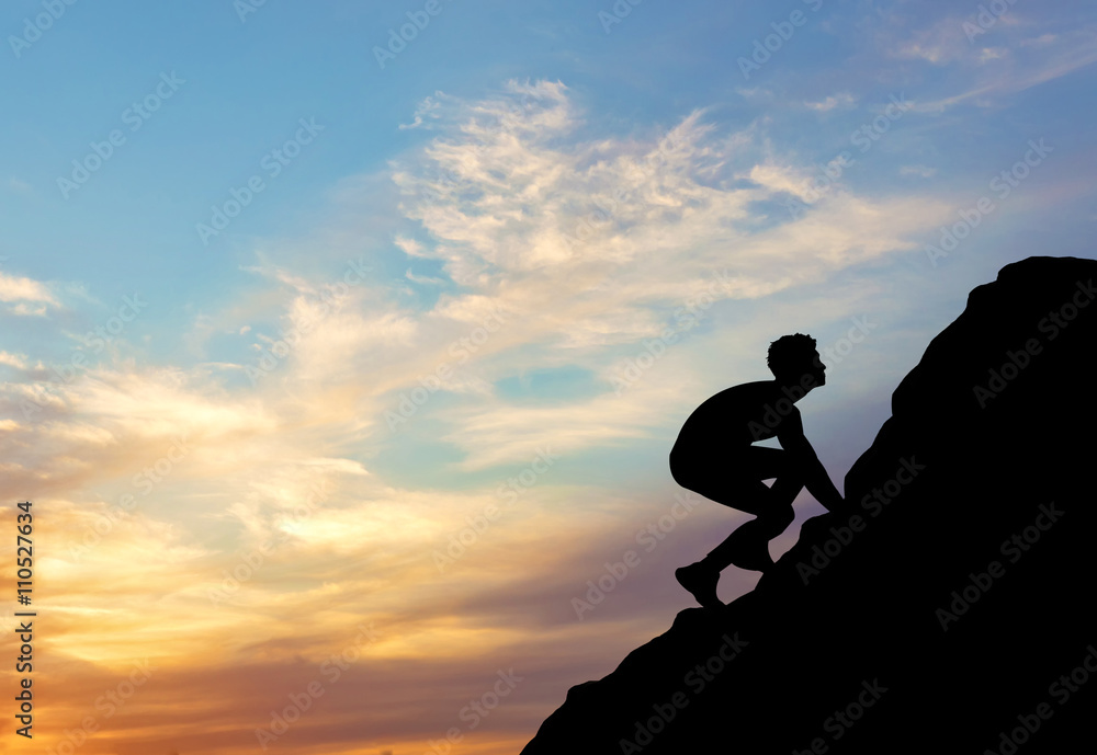 Silhouette purposeful man rising to the top of the mountain without insurance