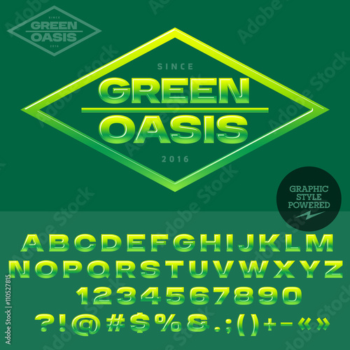 Green and yellow glossy logotype for organic and ecologic shop or club. Vector set of alphabet letters, numbers and punctuation symbols