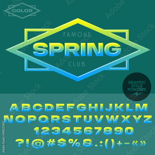 Green and blue glossy emblem for organic and ecologic product store. Vector set of alphabet letters, numbers and punctuation symbols