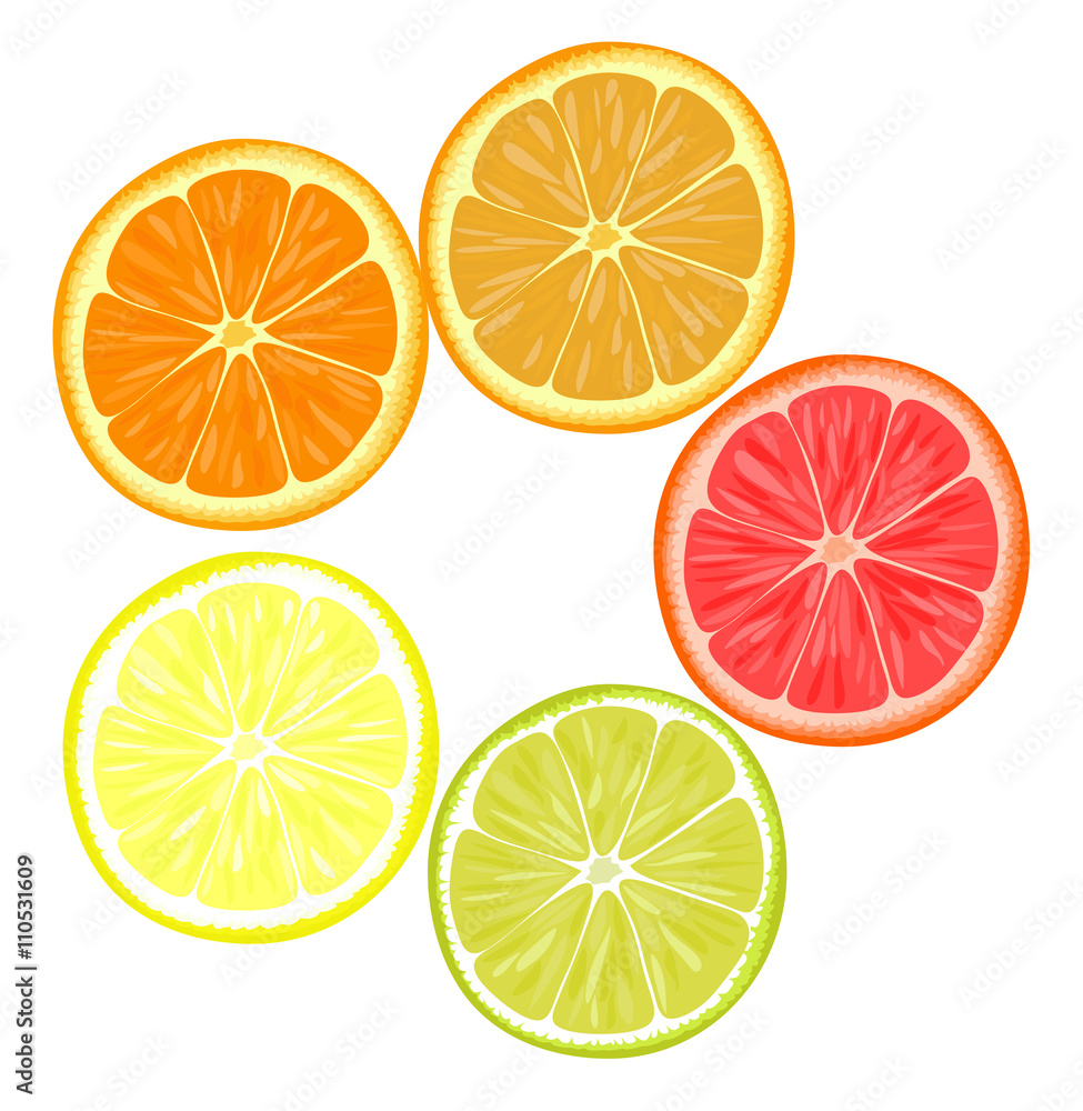 Slices of different citrus fruits on a white background.