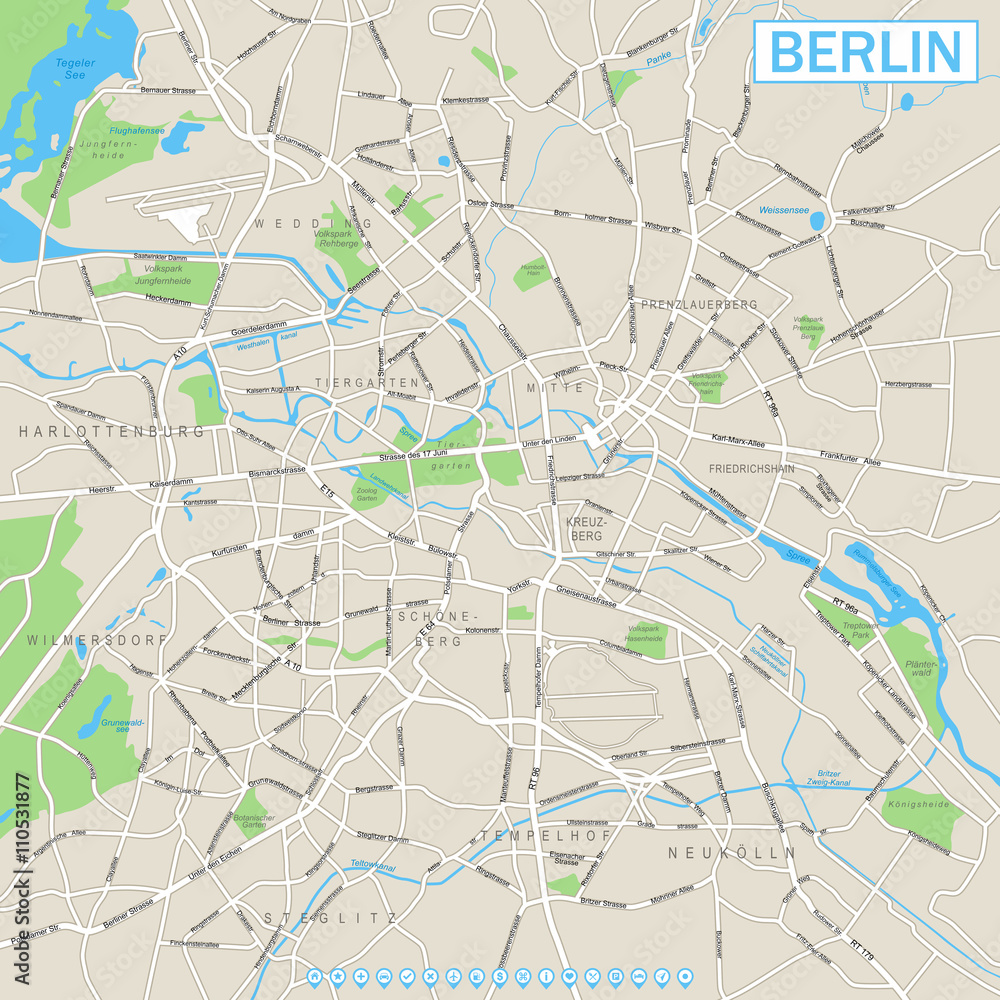 Berlin Map and Navigation Icons



Highly detailed vector street map of Berlin.
It's includes:
- streets
- parks
- names of subdistricts
- water object names