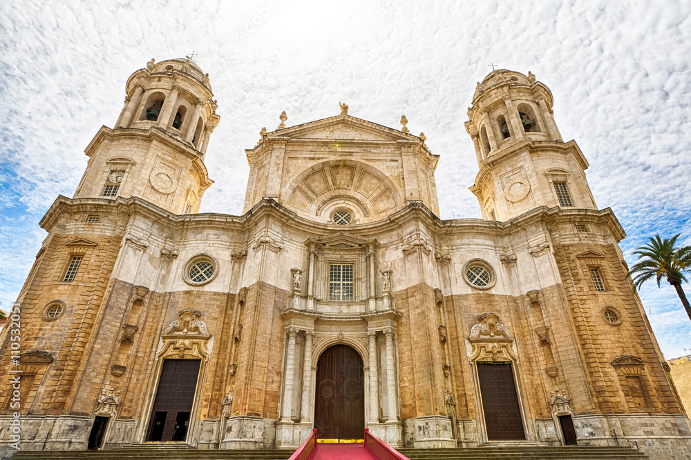 Facade of the famous Cathedral of Cadiz in Spanish: Iglesia de Santa Cruz, Cadiz, Andalusia, Spain.