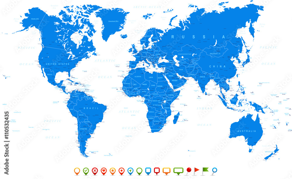 Naklejka premium Blue World Map and navigation icons - illustrationHighly detailed world map: countries, cities, water objects 