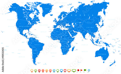Blue World Map and navigation icons - illustration      Highly detailed world map   countries  cities  water objects  