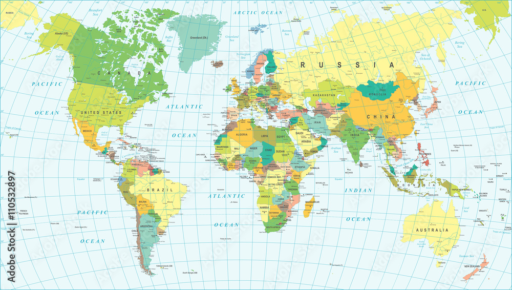 Fototapeta premium Kolorowa mapa świata - granice, kraje i miasta - ilustracja Bardzo szczegółowe kolorowych ilustracji wektorowych mapy świata.