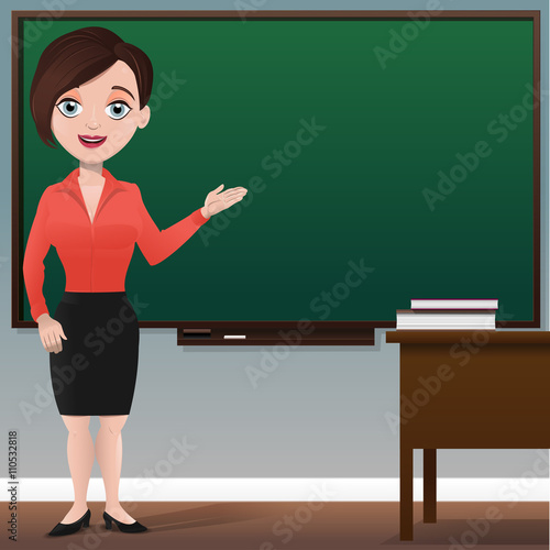 Young female teacher with blank chalkboard