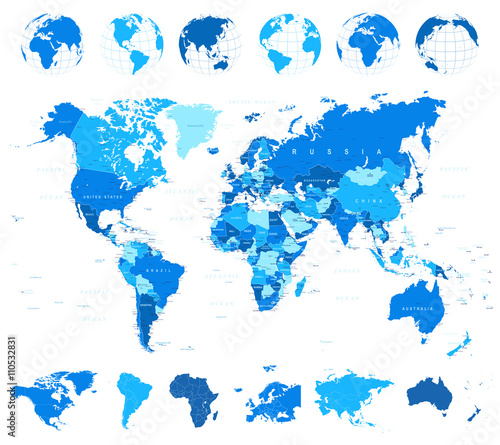 World Map  Globes and Continents - illustration      Vector illustration of World map and navigation icons  