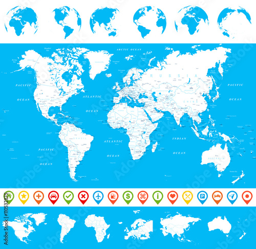 Fototapeta Naklejka Na Ścianę i Meble -  World Map, Globes and Continents - illustration


Vector illustration of World map and navigation icons
