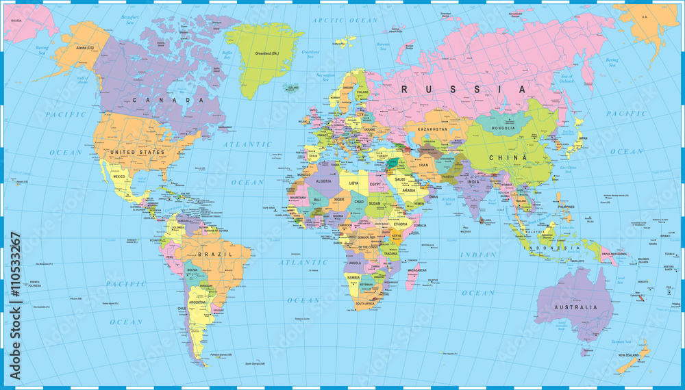 Fototapeta premium Kolorowa mapa świata - granice, kraje i miasta - ilustracja Bardzo szczegółowe kolorowych ilustracji wektorowych mapy świata.