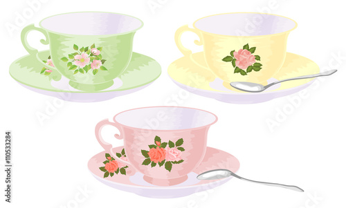 Vector set of cups of tea in vintage style.