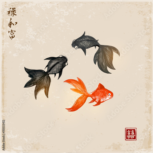 Three little goldfishes and red sun