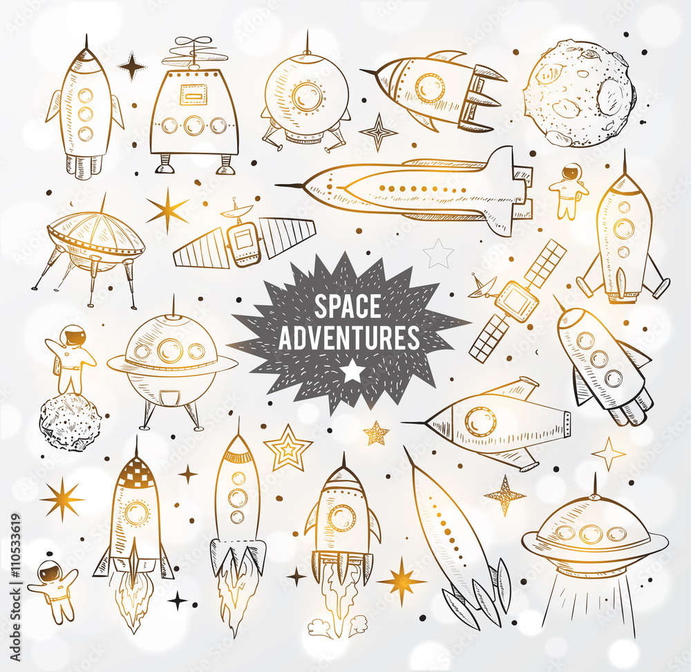 Collection of sketchy space objects isolated on white glowing background. Space ships, rockets, space shuttle, planets, flying saucers, astronauts etc.