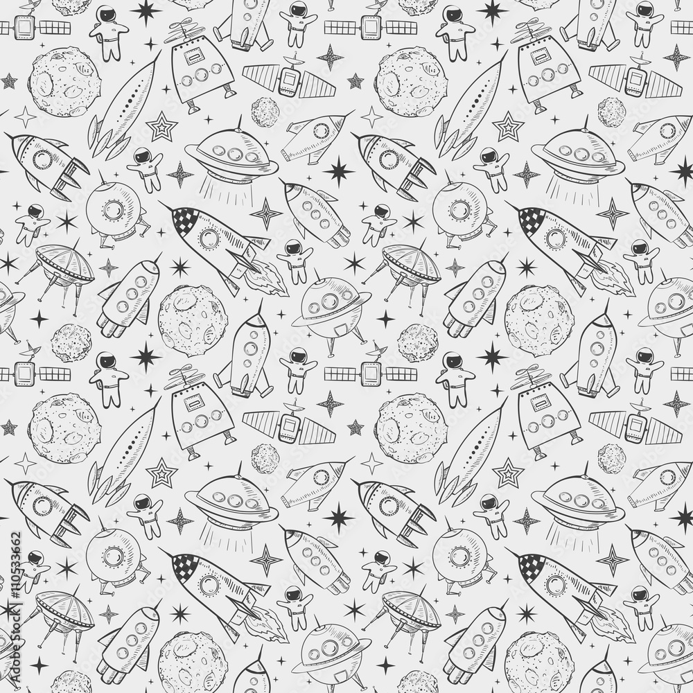 Seamless pattern with doodle space elements.