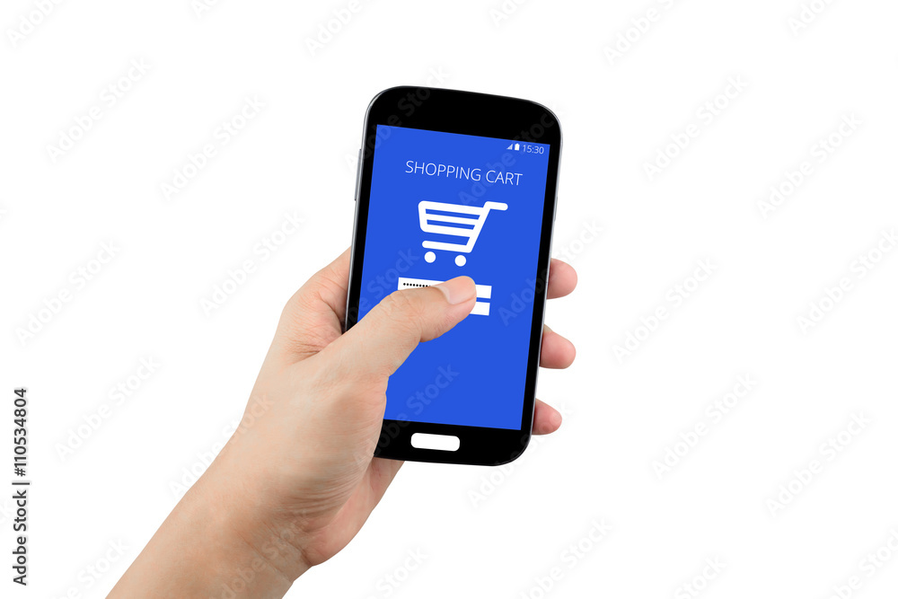 hand holding black smartphone with shopping cart on the screen isolated on white background with clipping path hand holding black smartphone with shopping cart on the screen isolated on white background with clipping path