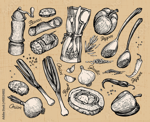 cooking, food. set of elements for restaurant menu or cafe. Vector illustration
