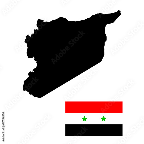 Syrian map silhouette and normal flag of Syria.
