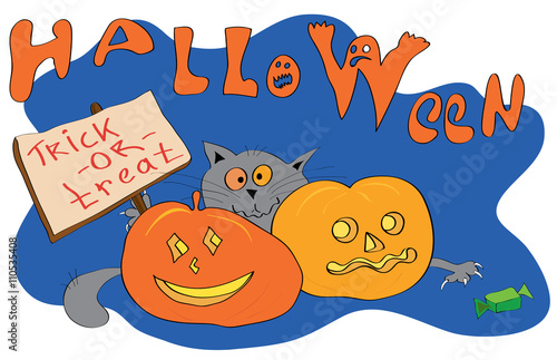 Cat begging for candy in Halloween/Vector Cat hiding behind pumpkins with a sign trick or treat and reaches for candy on the background of the inscription Halloween