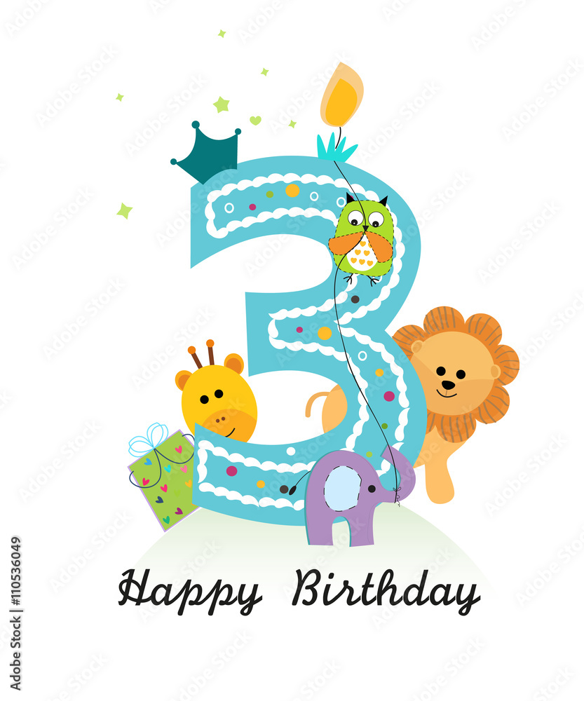 Obraz premium Happy third birthday with animals baby boy greeting card vector
