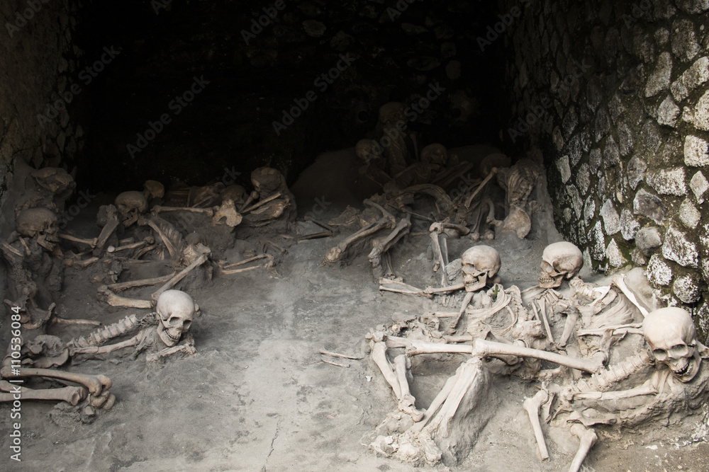 Skulls at the ruins of Herculaneum excavation in Ercolaono near Naples, Italy