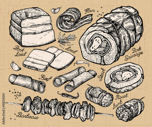 butcher shop, meat. hand-drawn sketches of food. vector illustration