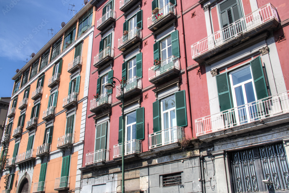 Typical facades of the historical center in Naples, Italy