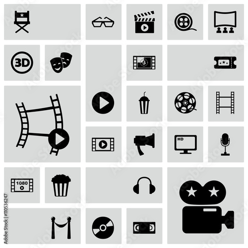 Set of black icons on white background of movie and cinema