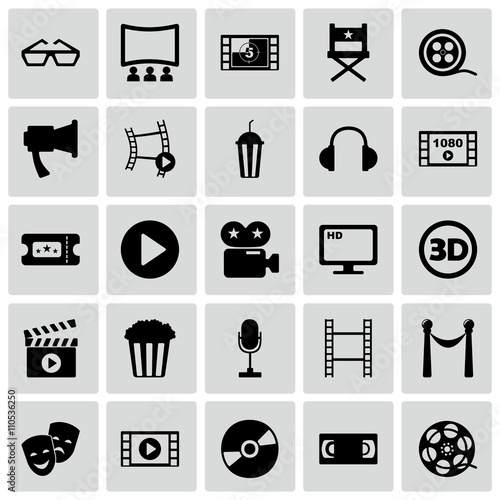 Set of black icons on white background of movie and cinema