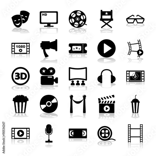Set of black icons on white background of movie and cinema