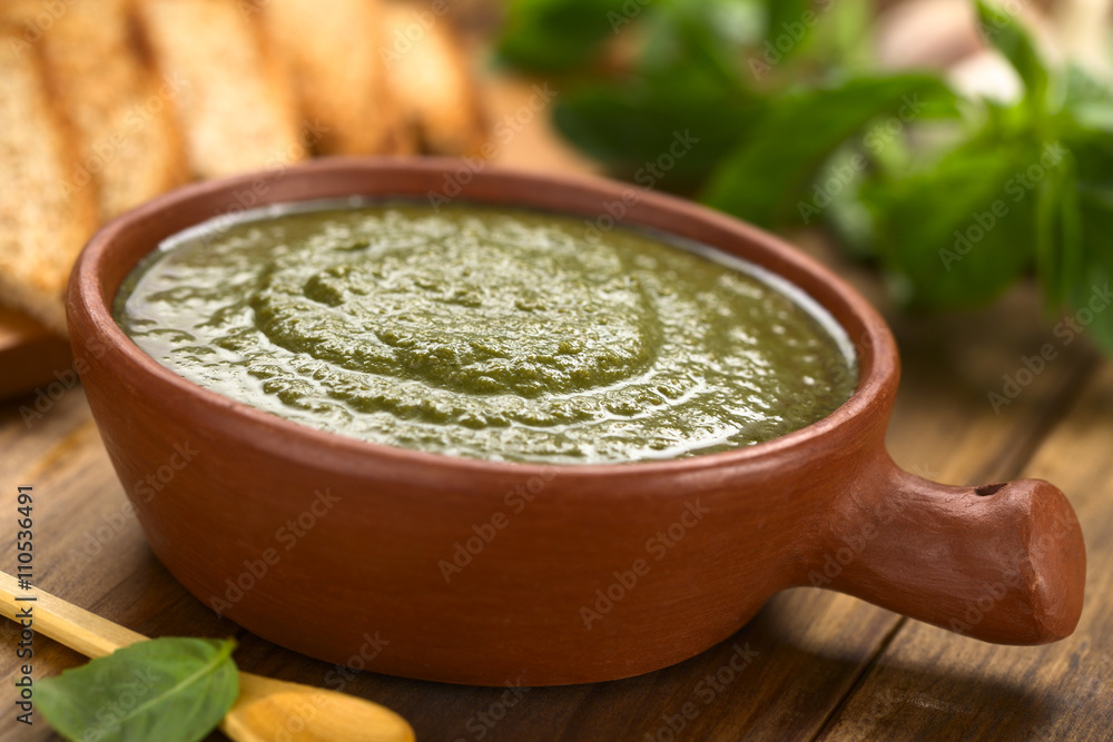 Frischer Pesto aus Spinat, Basilikum und Knoblauch in rustikaler Schüssel mit getoastetem Brot an der Seite (Selektiver Fokus, Fokus ein Drittel in den Pesto) Frischer Pesto aus Spinat, Basilikum und Knoblauch in rustikaler Schüssel mit getoastetem Brot an der Seite (Selektiver Fokus, Fokus ein Drittel in den Pesto)