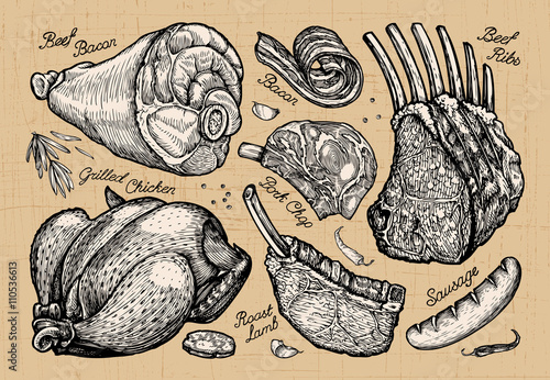 meat, butcher shop. hand drawn sketches of food. vector illustration