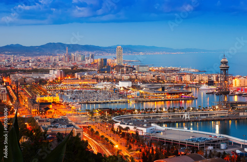Canvas Print Barcelona with Port in night time. Catalonia