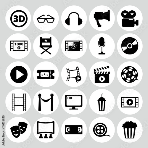 Set of black icons on white background movie and cinema
