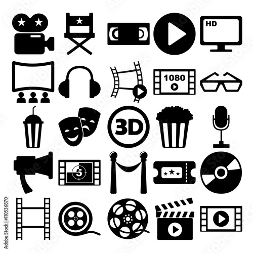 Set of black icons on white background movie and cinema