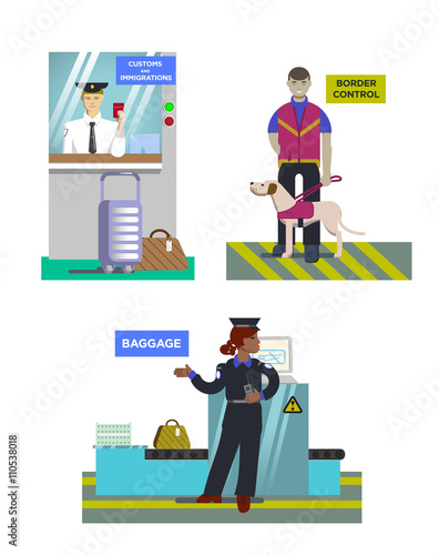 set with customs man with a dog, a woman officer checking luggag
