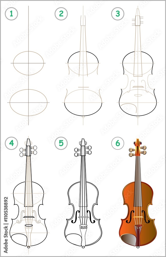 Page shows how to learn step by step to draw a violin. Developing