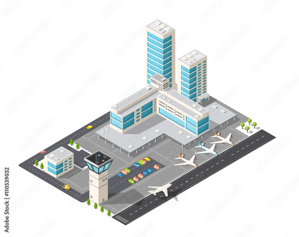Isometric map of the city airport, the trees and the flight of construction and building