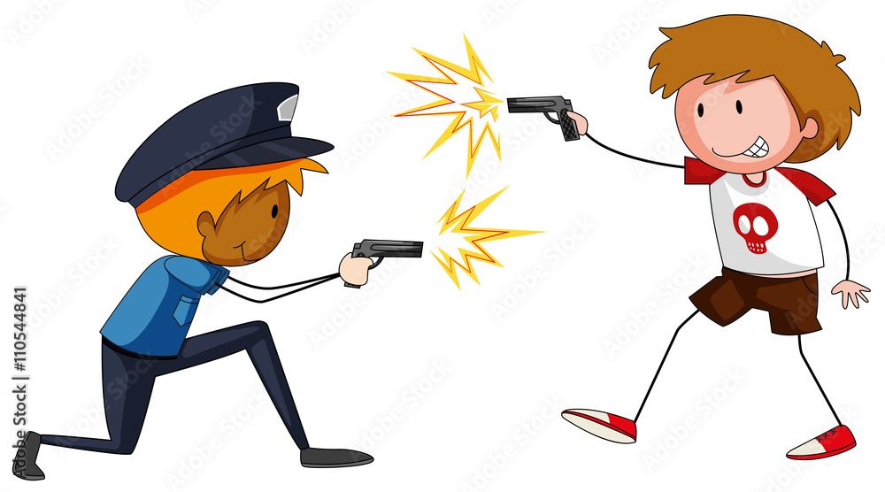 Boy and policeman shooting firegun
