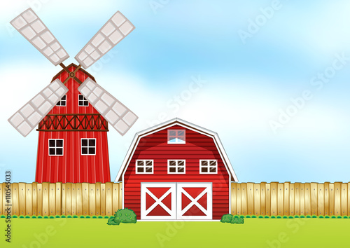 Farm scene with windmill and barn