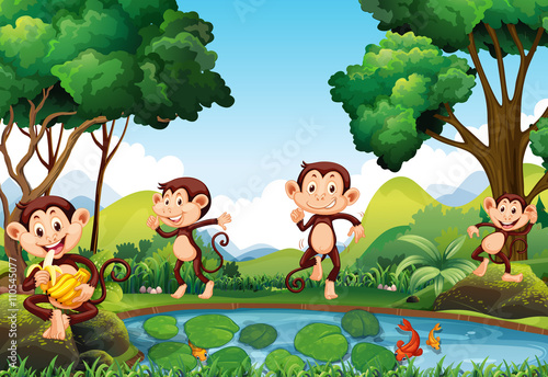Fototapeta Naklejka Na Ścianę i Meble -  Four monkeys by the pond
