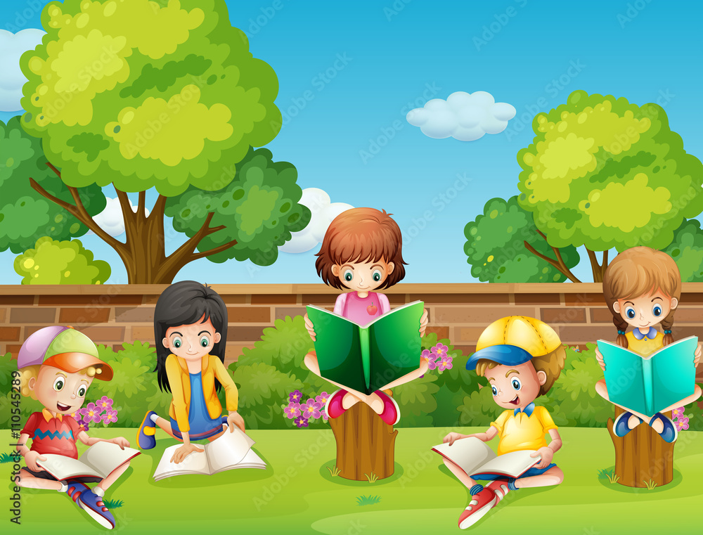 Children reading books in the garden Children reading books in the garden