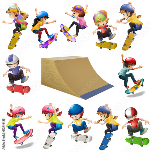Boys and girls skateboarding on the ramp