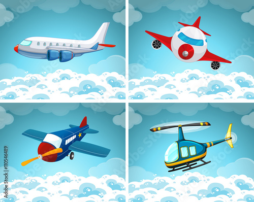 Four scenes of airplane flying in the sky