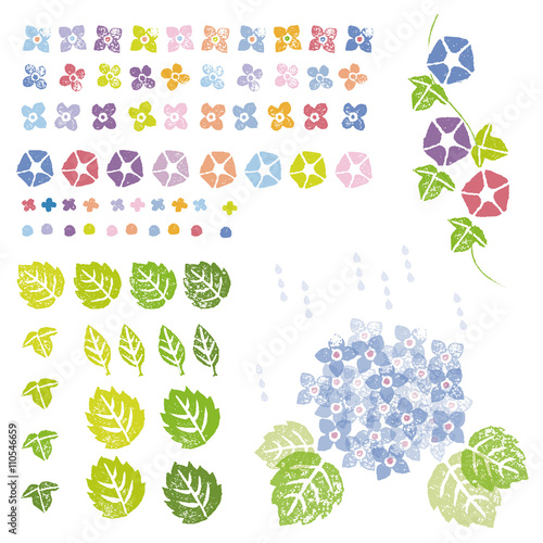 スタンプ風　花と植物のグラフィック素材