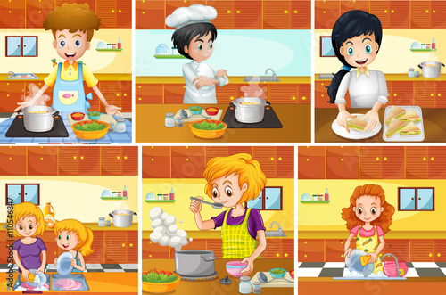 Six scenes of people cooking in kitchen
