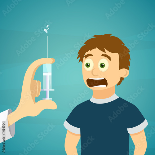 Doctor holding a syringe with injection. Boy is afraid. Stock ve