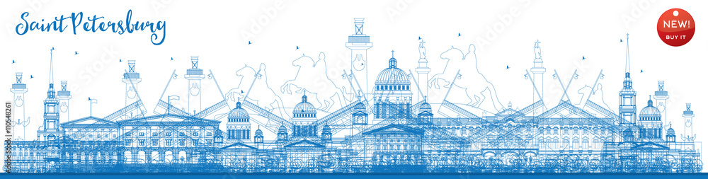 Outline Saint Petersburg skyline with blue landmarks.