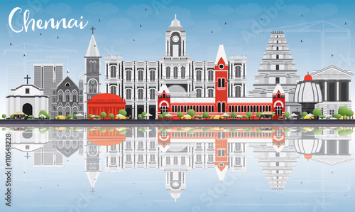 Chennai Skyline with Gray Landmarks, Blue Sky and Reflections.