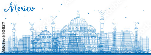 Outline Mexico skyline with blue landmarks.