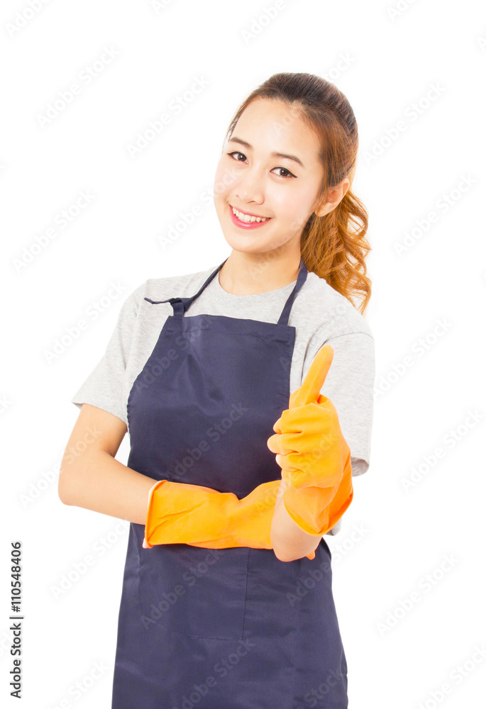 Smiling Asian Woman Wearing Rubber Gloves Giving Thumbs Up. Smiling Asian Woman Wearing Rubber Gloves Giving Thumbs Up.